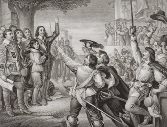 Karl I. (1600-49) errichtet sein Banner in Nottingham in der Eröffnungsszene des Großen Bürgerkriegs am 25. August 1642, aus 